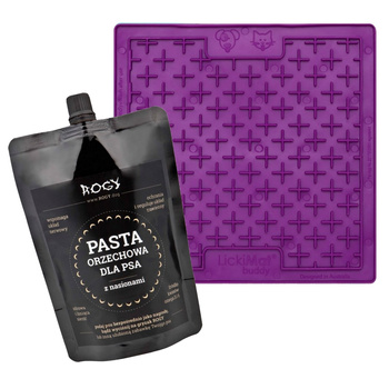 ROGY PASTA ORZECHOWA + TACKA DO LIZANIA DLA PSA KOTA ANTYSTRESOWA CLASSIC BUDDY LICKIMAT FIOLETOWA 20x20cm