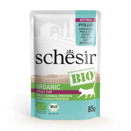 SCHESIR KITTEN BIO PEŁNOPORCJOWA MOKRA KARMA DLA KOCIĄT PASZTET KURCZAK 85g