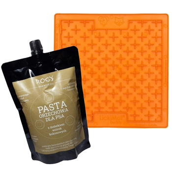 ROGY PASTA ORZECHOWA KOKOS + TACKA DO LIZANIA DLA PSA KOTA ANTYSTRESOWA CLASSIC BUDDY LARGE LICKIMAT POMARAŃCZOWA 30,5x25,5cm