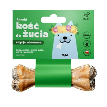 AZANKI PRZYSMAK DLA PSÓW S/M KOŚĆ DO ŻUCIA SKÓRA WOŁOWA KOZIA MIĘTA DZIKA RÓŻA NAGIETEK 12cm