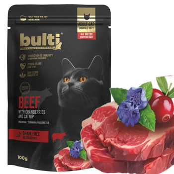 BULTI SUPERFOOD MOKRA KARMA DLA KOTA WOŁOWINA ŻURAWINA KOCIMIĘTKA 100g