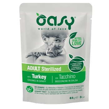 OASY CHUNKS IN GRAVY STERILIZED MOKRA KARMA DLA KOTA STERYLIZOWANEGO INDYK W SOSIE SASZETKA 85g