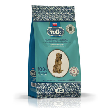 KARMA SUCHA DLA PSA RASY ŚREDNIE I DUŻE PEŁNOPORCJOWA FOLK MINI JELEŃ BURAKI ŻURAWINA 12kg