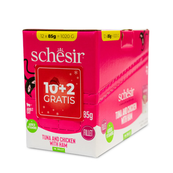 SCHESIR KARMA DLA KOTA TUŃCZYK KURCZAK SZYNKA SASZETKA 12x85g PAKIET 10+2 GRATIS