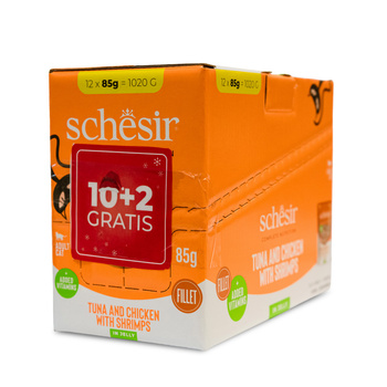 SCHESIR KARMA DLA KOTA TUŃCZYK KURCZAK KREWETKA SASZETKA 12x85g PAKIET 10+2 GRATIS