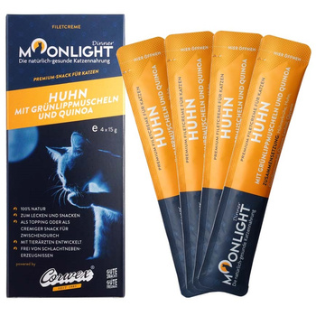 MOONLIGHT DINNER CREME SOS POLEWA PRZYSMAK DLA KOTA KURCZAK OMUŁEK I KOMOSA RYŻOWA 4x15g