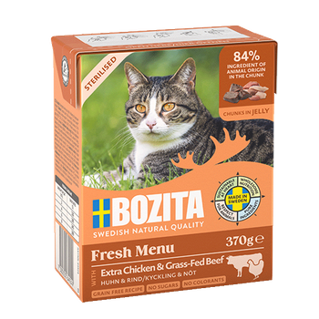 BOZITA CAT TETRA STERILISED Z EXTRA KURCZAKIEM & GRASS-FED WOŁOWINĄ W GALARECIE 370g