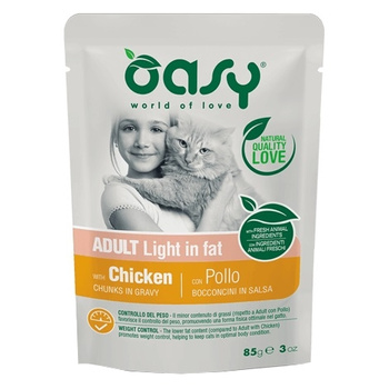 OASY CHUNKS IN GRAVY LIGHT IN FAT MOKRA KARMA DLA KOTA Z NADWAGĄ KURCZAK W SOSIE SASZETKA 85g
